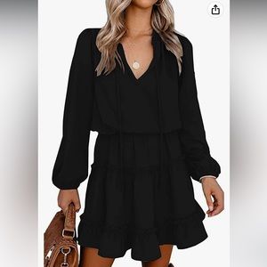 Spring Dress Tie V Neck Long Sleeve High Waist Ruffle Tiered Mini Dress